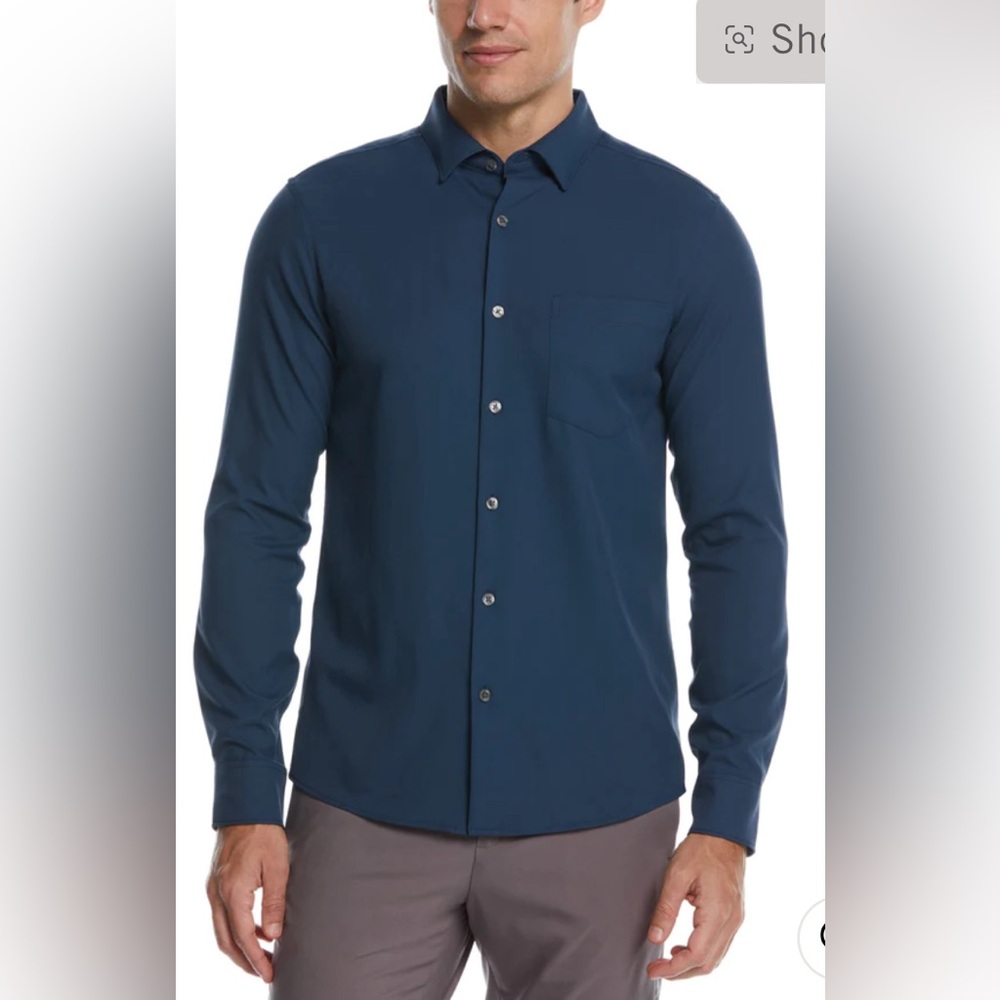 Perry Ellis Blue Travel Luxe Total Stretch Untucked Slim Fit Wicking Shi…